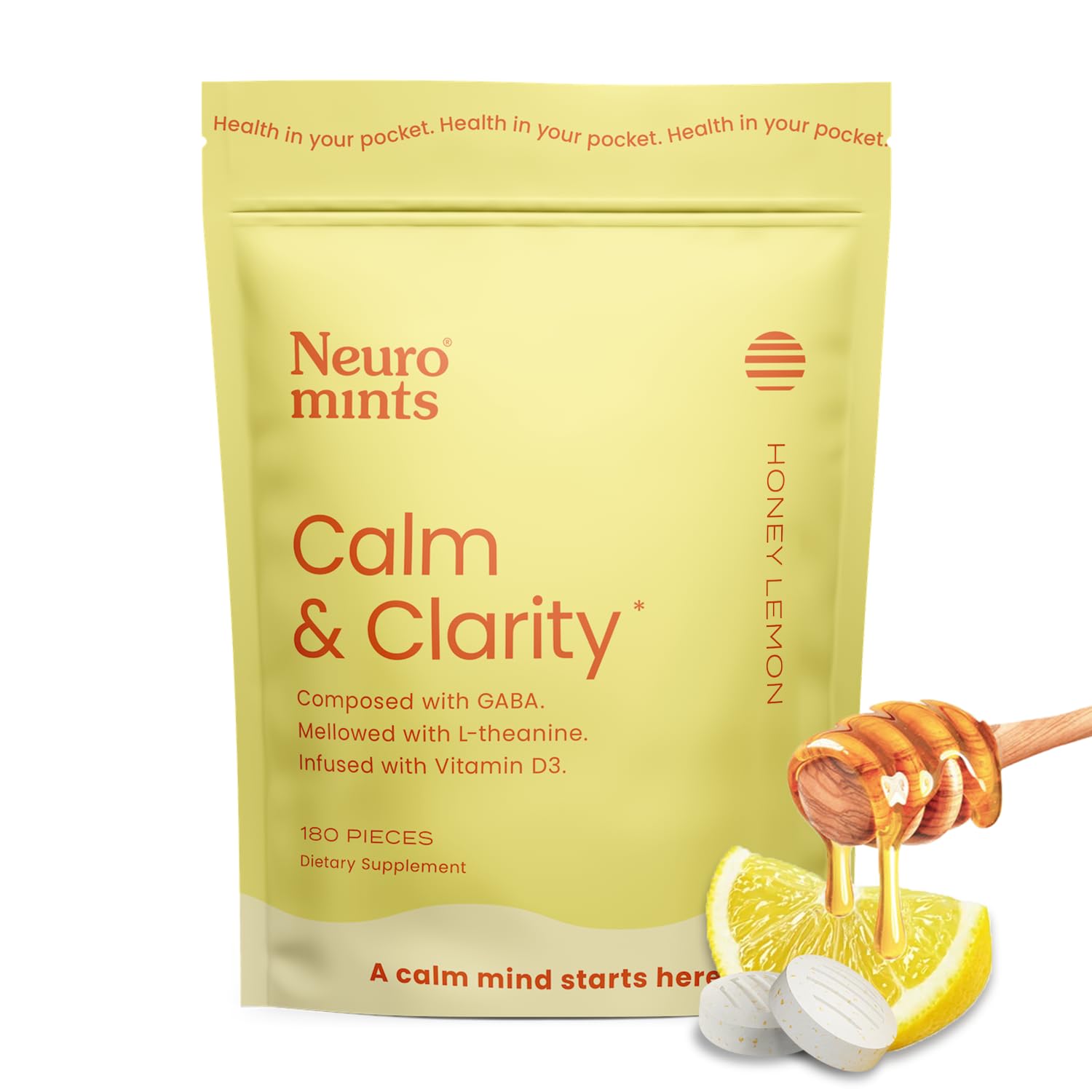 Neuro Mints Nootropic Calm Mints | GABA + Vitamin D3 + L-theanine | Sugar Free + Gluten Free + Non GMO + Vegan | Honey Lemon Flavor (180 Mints (Pack 1))