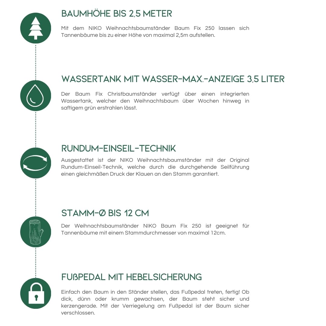 NIKO Baum Fix 250 Christbaumständer bis 2,5 m Baumhöhe Weihnachtsbaumständer mit 3,5 Liter Wassertank