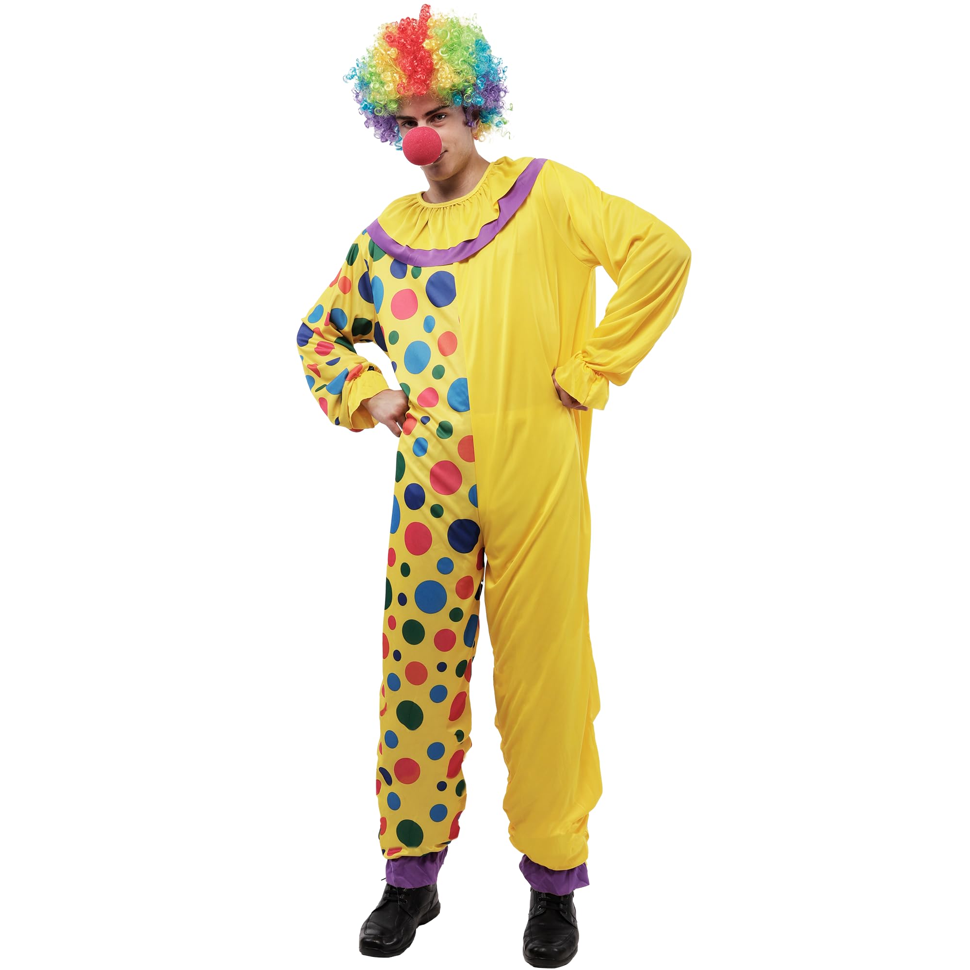 Carnavalife Disfraz Payaso Hombre Adulto Halloween Carnaval Traje de Circo Divertido de Una Pieza Color Amarillo con Lunares Multicolor