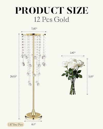Miniatura 2 de 12 centros de mesa altos de cristal dorado para mesas, soporte de flores de 29.53 pulgadas de alto para bodas con jarrones de cristal dorado para