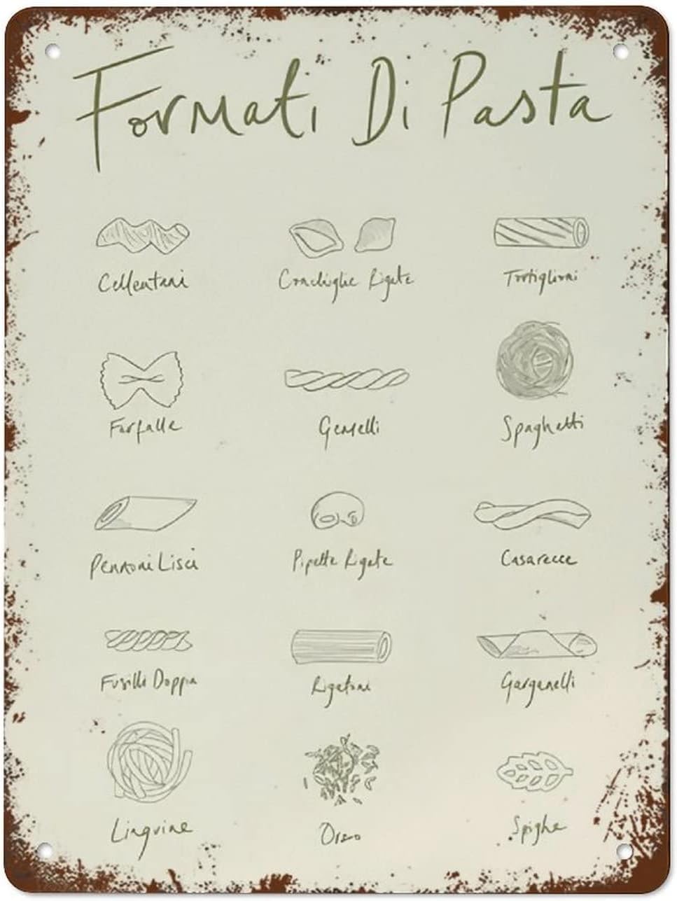 peiyeety Metal Tin Sign Vintage Signs Pasta Types Guide Poster Kitchen Wall Decor Vintage Wall Decor Retro Art Tin Sign Funny Decorations For Home Bar Pub Cafe Farm Room Metal Poster 8"x12"