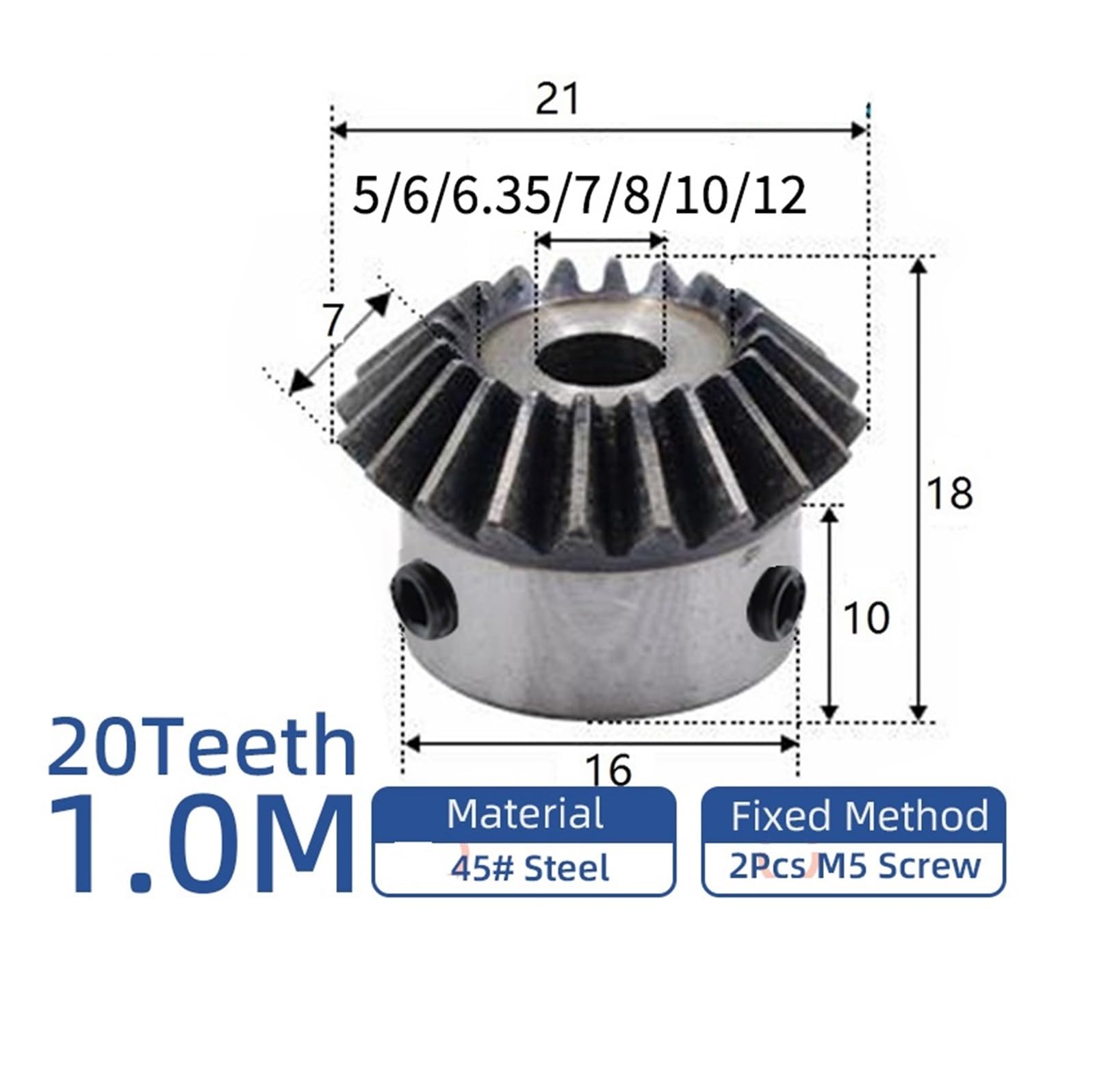 Bevel Gear Pinion Hardware Mechanical Bevel Gear 1M 20Teeth Inner Bore 5/6/6.35/7/8/10/12mm Gear 90 Degrees Transmission Gear(7mm)