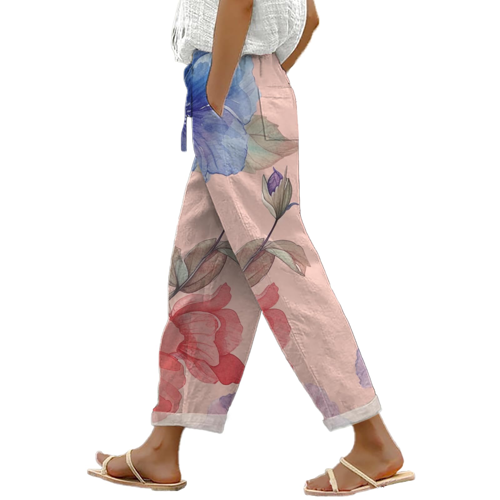Summer Pants for Women Graphic Straight Leg Floral Trousers with Pockets Comfortable Plus Size Trendy Shorts