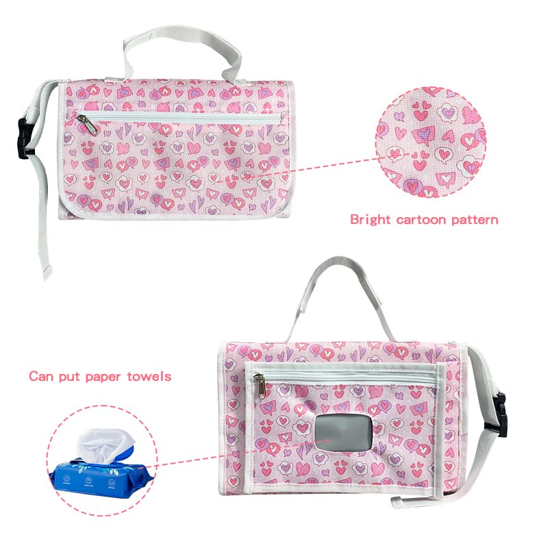 Baby Portable Diaper Changing Pad - Baby Changing Pad & Diaper Changer Travel Bag (Pink Love)