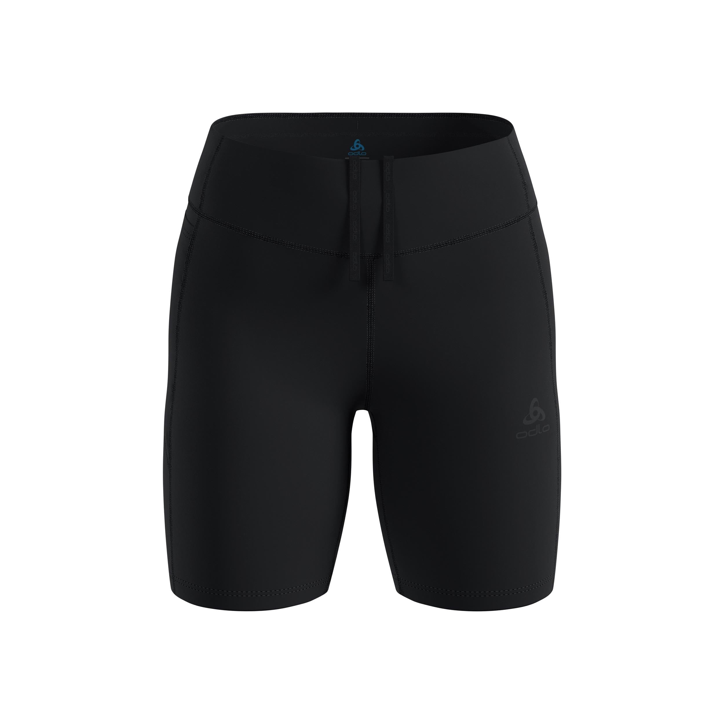 Odlo Essential Laufshorts Damen, kurze Lauftights, Schwarz | Atmungsaktive Slim-Fit Lauftights mit Feuchtigkeitstransport, reflektierenden Details, verstellbarem Bund und Handytasche