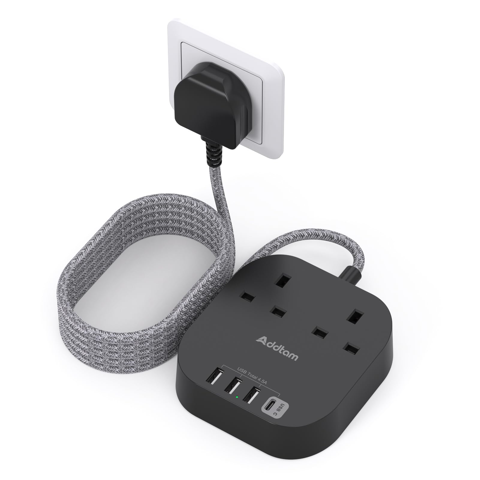 Addtam 3M Extension Lead with USB Slots, Power Strips with 2 Way Outlets 4 USB (1 Type C and 3 USB A) Surge Protection Plug Extension Socket with Braided Extension cord for Home/Office (Black)