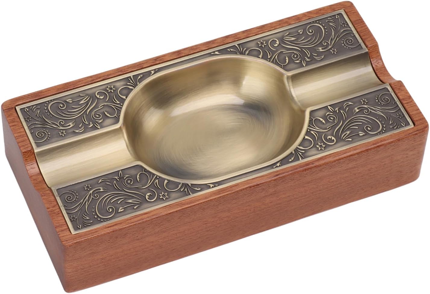 Cigar Ashtray, Luxury Vintage Metal Cigar Cigarette Ashtray with Solid Wood Base, Indoor Ashtray, Home Bar Outdoor Ashtray, Great Cigar Accessories Men (Bronze Plating)