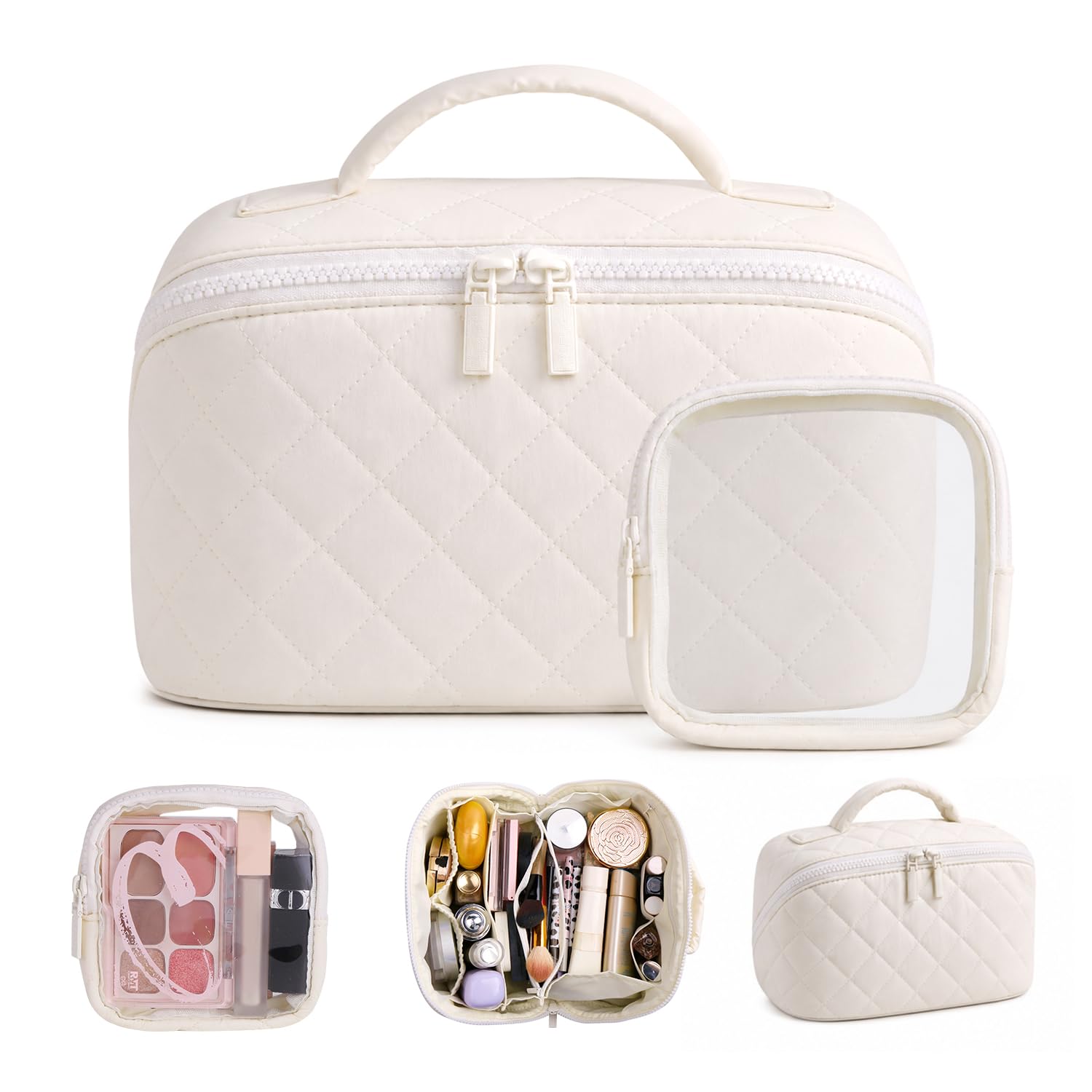Batfield Makeup Pouch Bag for Women, 2Pcs Waterproof Puffer Set with 180° Flat Open, Travel Large Capacity Makeup Bag for Women with Brush Compartment & Handle for Vacation, Business Trip (White)-image-41