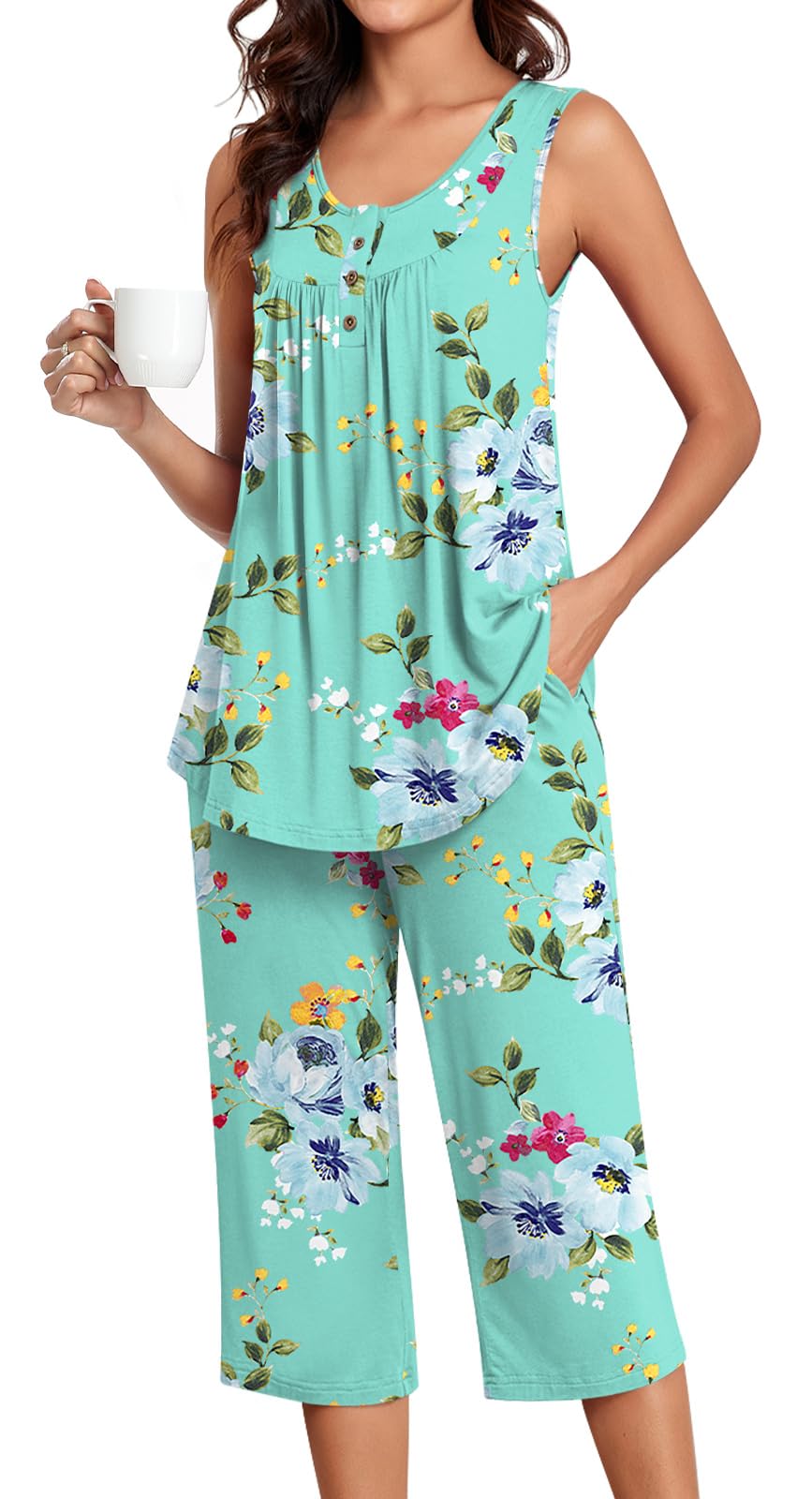Bestbee Women's Sleeveless Pajama Sets 2 Piece Sleepwear Summer Lounge Outfits Henley Tanks Capri Pants Ladies Pjs