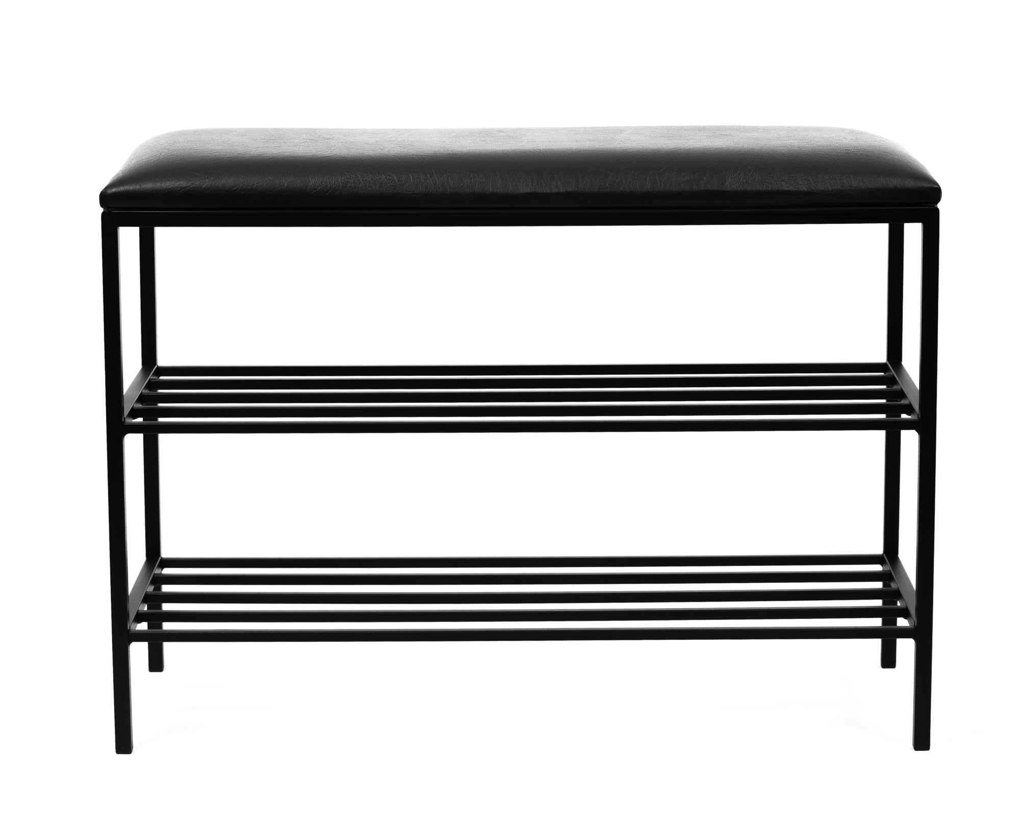 Ławka na Buty z Siedziskiem - Stojak na Buty - 75x30x55cm - z Metalu, 2 półki, bez Montażu - Ławka do Przedpokoju POSTO Czarny z Czarnym Siedziskiem ze Sztucznej Skóry, 15mm Metalowa Rama