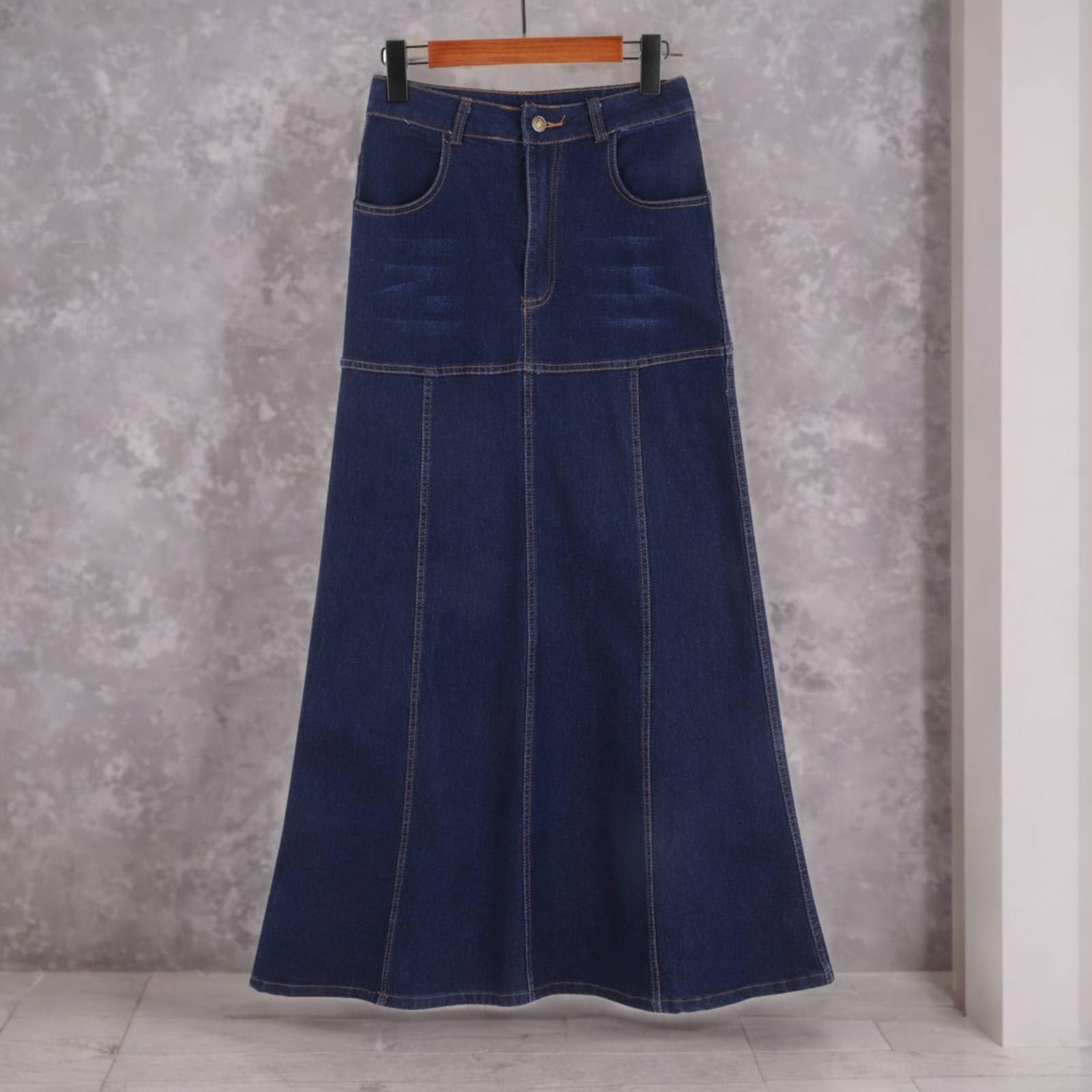Falda vaquera para mujer hasta la rodilla, falda midi para mujer: elegante falda larga de cintura alta, falda acampanada con bolsillos y tira de botones, falda holgada de verano, falda plisada