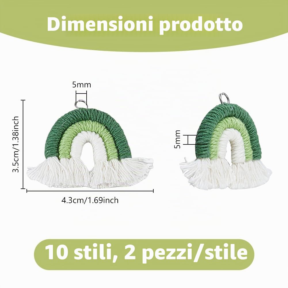 DICOSMETIC 20 pezzi 10 colori piccoli macramè arcobaleno, ciondolo fatto a mano in policotone, colorato boho, per realizzare portachiavi