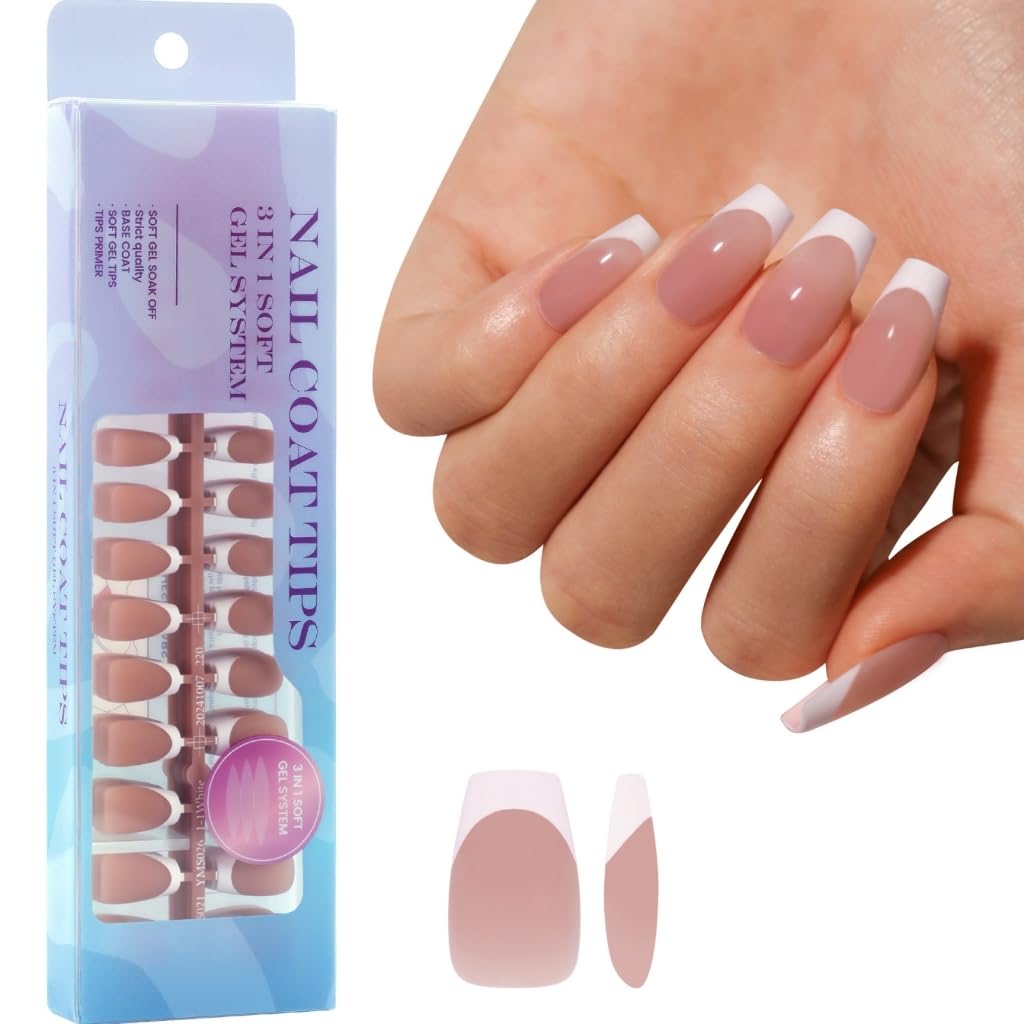 Soft Gels Nails Tips,French Tip 15 Sizes 3in 1 X Coat Tips with Pre-applied Tip Primer & Base Coat Covers
