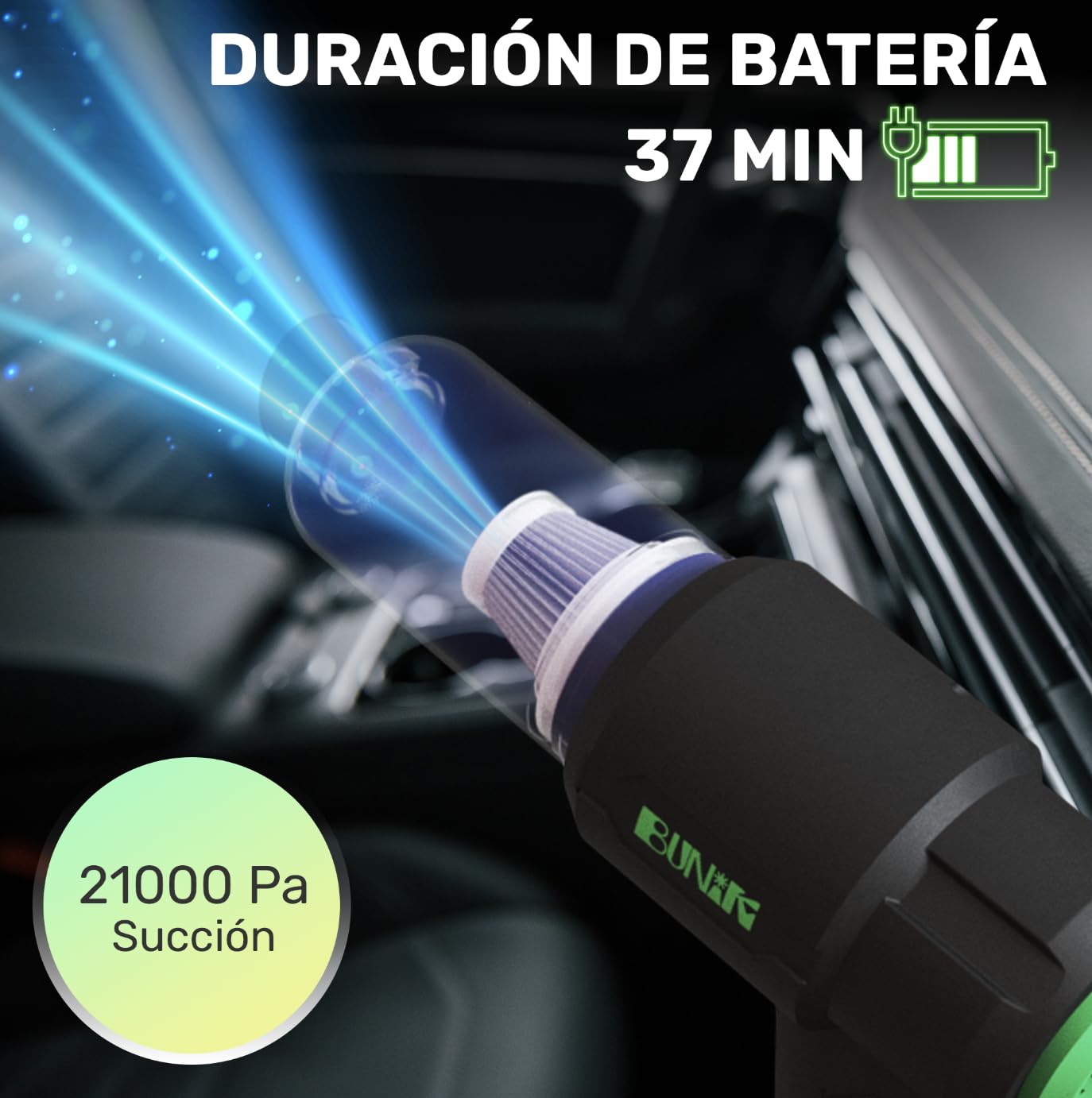 BUNIK aspiradora de Mano para Coche | Aspirador sin Cable con 21000Pa y soplador Aire Potente, Ideal para Coche, hogar y Mascota | Ligero, Potente, hasta 37 Minutos