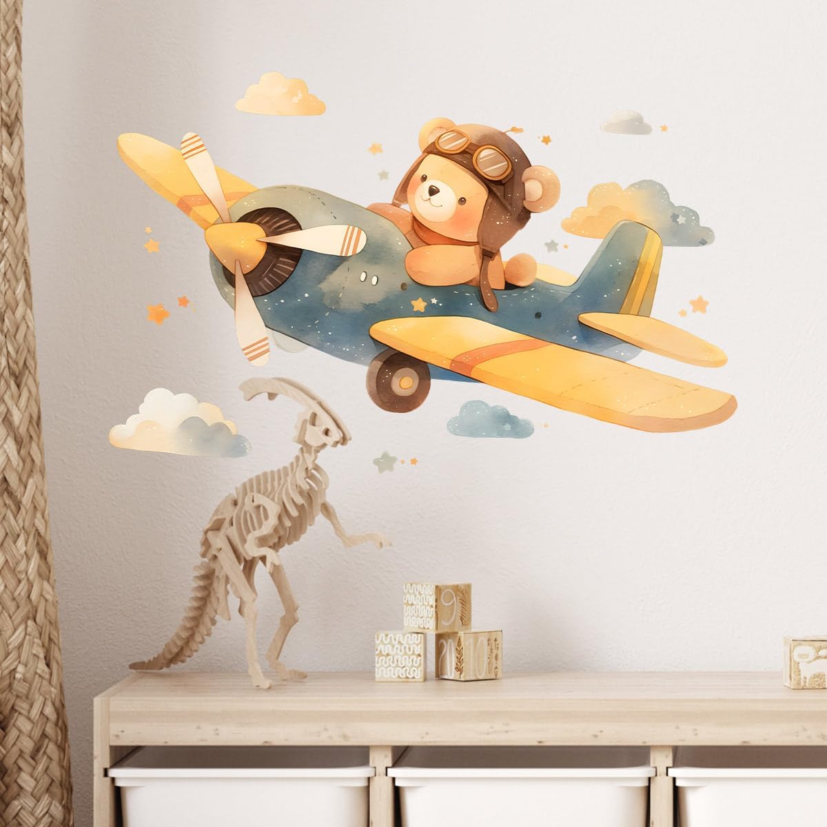 Cartoon Teddy Bear Pilot Wall Decals Removable Airplane Vinyl Stickers for Nursery Boys Bedroom and Playroom Sky Exploration Decor Peel and Stick Wall Art