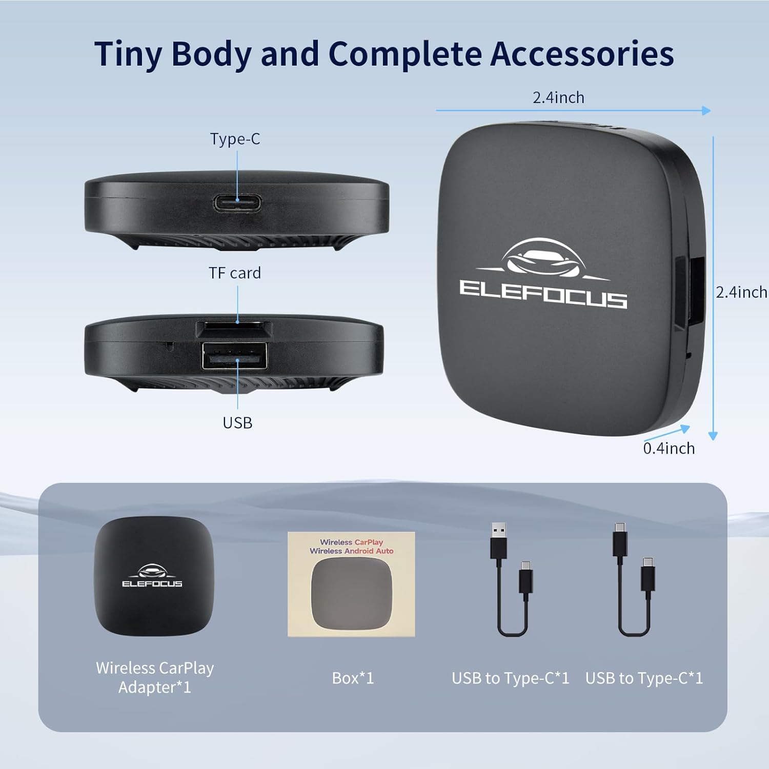 Diagram showing the ELEFOCUS Wireless CarPlay Adapter's dimensions and ports: Type-C, TF card slot, and USB-A.
