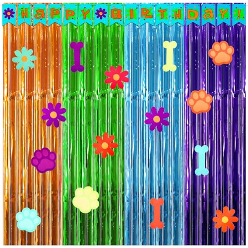 Kit anniversaire chien avec guirlande Happy Birthday et rideau métallisé de fête