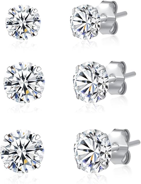 3/4/6 Pairs 925 Sterling Silver CZ Stud Earrings Set Men Women Triple Three Cubic Zirconia Stud Earrings 3mm-8mm