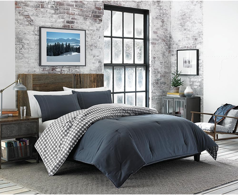 Eddie Bauer - King Comforter Set, Reversible Cotton Bedding with Matching Shams, Pre-Washed for Added Softness (Kingston Charcoal, King) King Kingston Charcoal