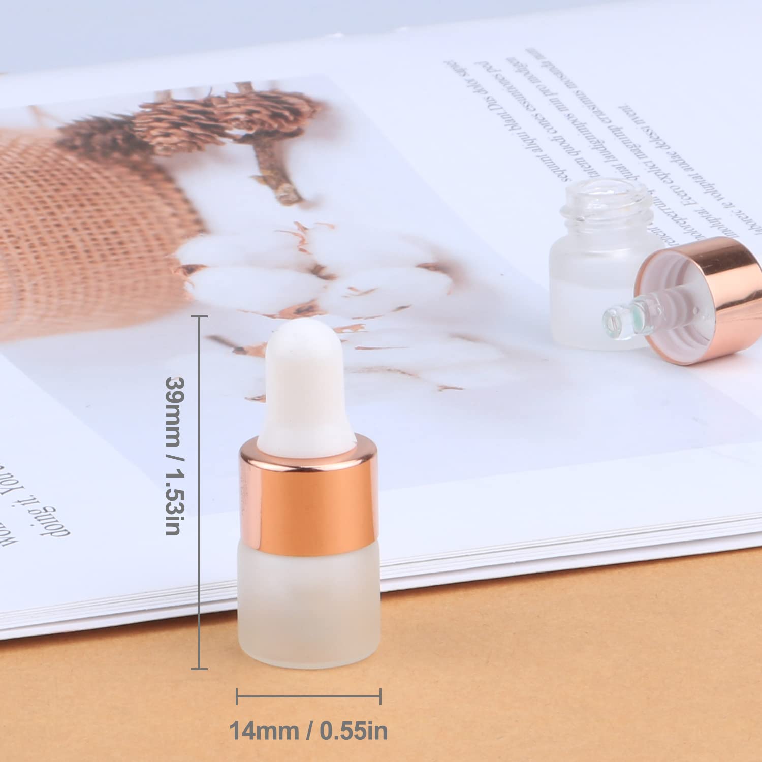30 Pack Frosted Glass Dropper Bottles, Essential Oil Travel Vials - Cosmetic Sample Containers with Glass Eye Dropper & Rose Gold Lids (1ml)