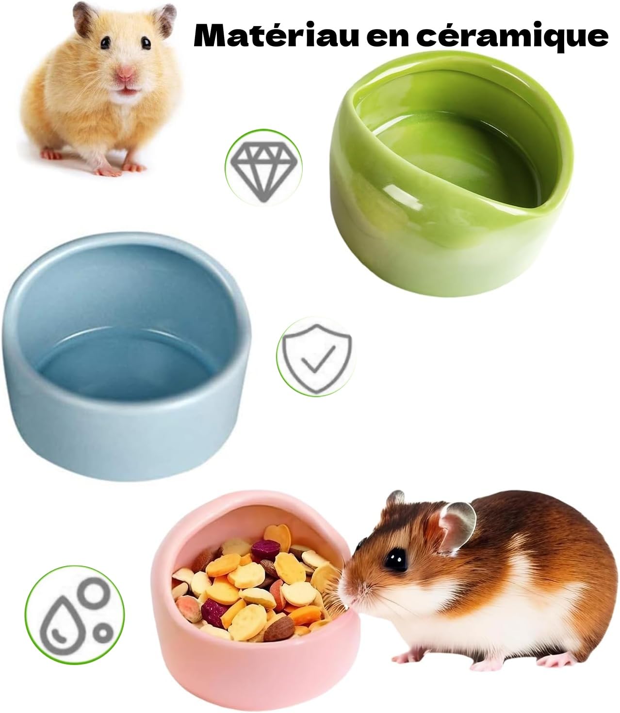 LATRAT Ensemble de 3 bols en céramique pour hamster, bols pour hamster et petits animaux, accessoires de nourriture pour