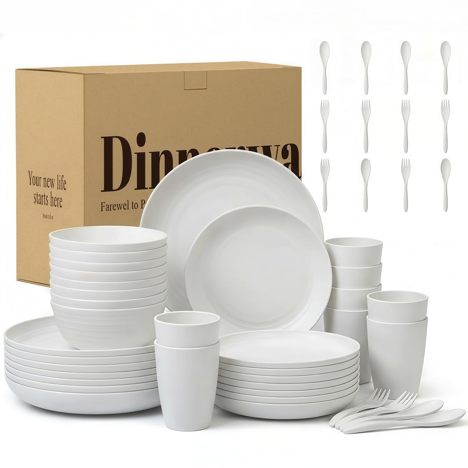 Wrova Reusable Plates and Bowls Set 48-Piece Plastic Dinner Cutlery Set