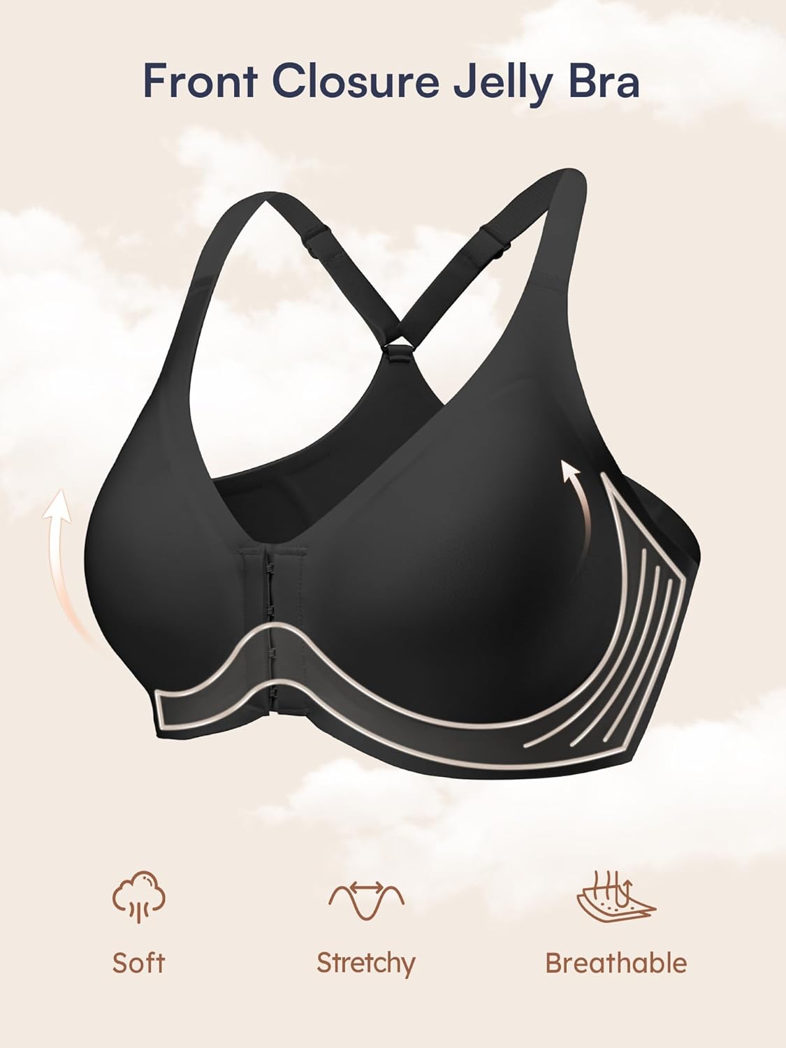 Front Closure Bras for Women - S-L Racerback Jelly Bra No Underwire - Seamless Wireless Padded Bralette with Support - Image 5