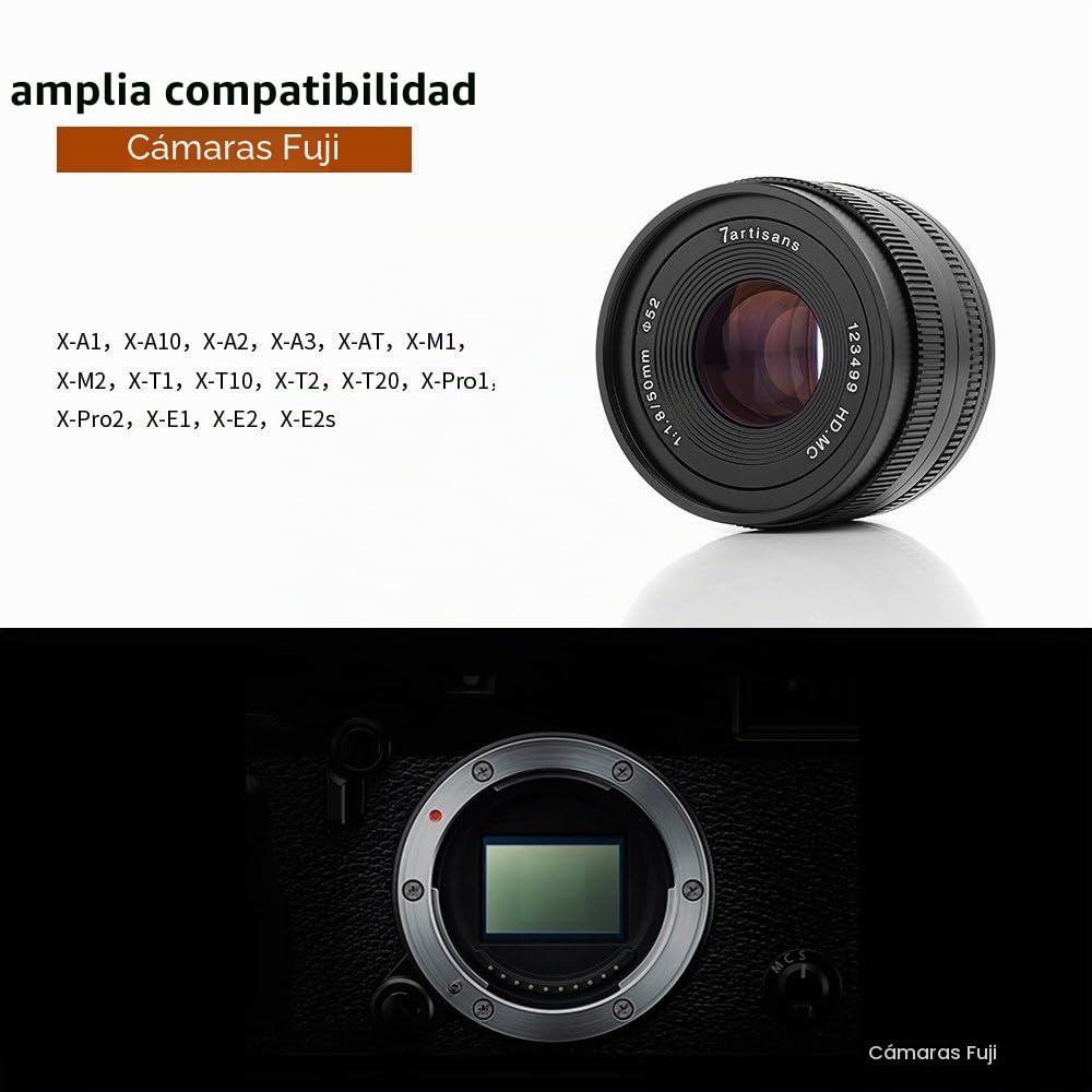 7artisans F1.8 APS-C - Lente Fija Manual de 50 mm para cámaras Fuji X, sin Espejo, como Fuji X-A1 X-A10 X-A2 X-A3 X-AT X-M1 X-M2 X-T1 X-T10 X-T2 X-T20 X-Pro1 X-Pro2 X-E1 X-E2 X-E2s