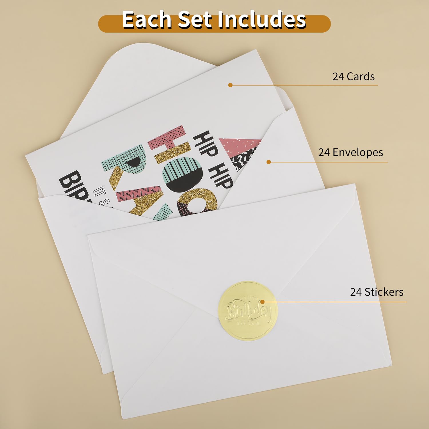 24 biglietti di buon compleanno, 10 x 15 cm, biglietti di compleanno unici con buste vuote all'interno assortiti e adesivi sigillanti dorati, per uomini, donne, bambini, affari e personali (24 stili)