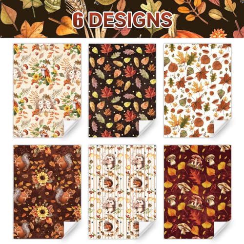 Geschenkpapier für Herbst und Herbst, Ahornblätter, Eichhörnchen, Sonnenblume, Fuchs, Igel, Wald, 50 x 70 cm pro Blatt, flach gefaltet, 6 Blatt, mit Band, saisonales Geschenkpapier für Thanksgiving