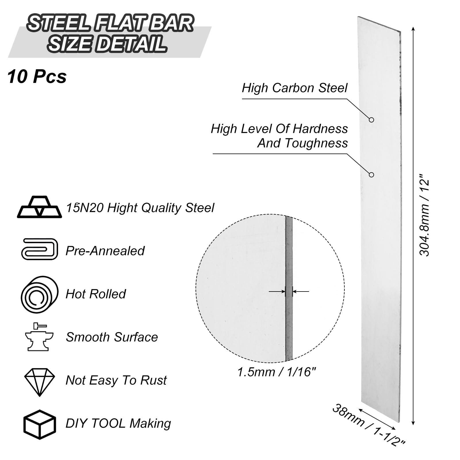 PATIKIL 10 Piezas de 15N20 Acero para Fabricación de Cuchillos, Barra Plana de Acero de 12" x 1 1/2" x 1/16" para Hoja de Metal en Blanco DIY, Uso Profesional Y para Aficionados