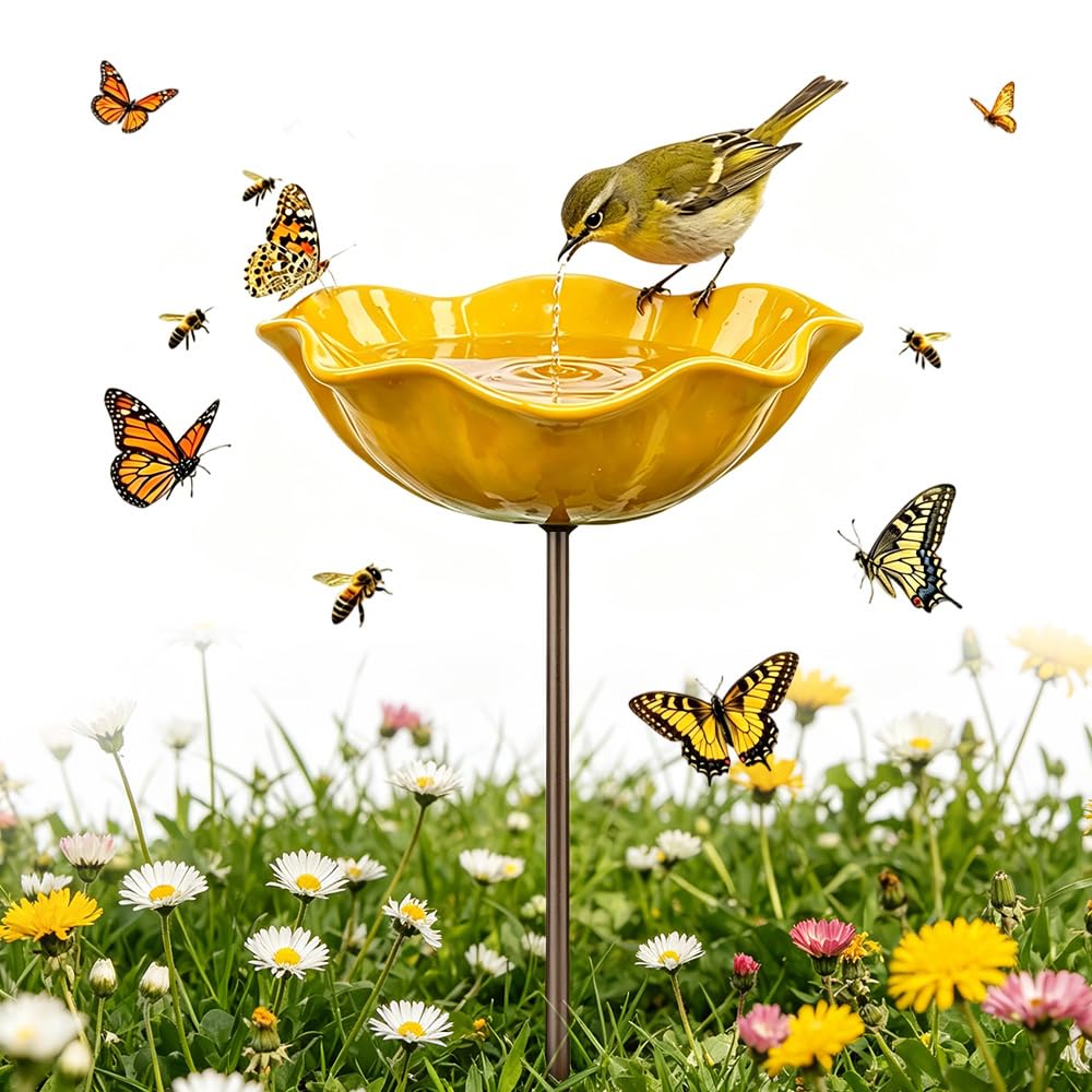 Bird Feeder Stand,Bird Tables for the Garden,Bird Feeding Station,Metal Bird Bath,Garden Decor,Vintage Freestanding Birdbaths & Supports for Outdoors Garden Patio Yard Lawn Decor (Yellow)