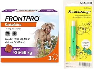 FRONTPRO Kautabletten für Hunde 25-50 kg 3-Monats-Packung zum Schutz gegen Zecken und Flöhe mit Zeckenzange: Schützt bis zu 3 Monate product image