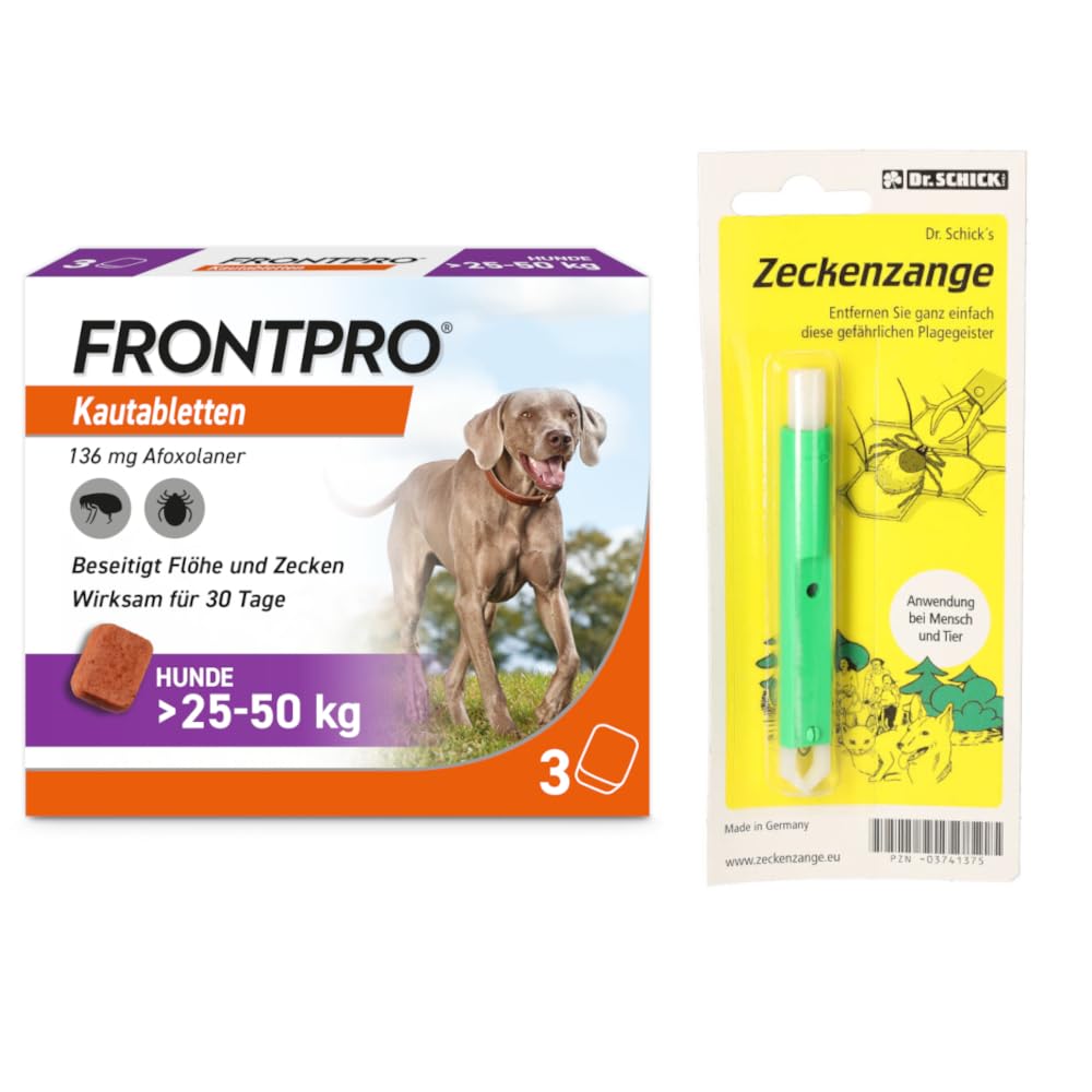 FRONTPRO Kautabletten für Hunde 25-50 kg 3-Monats-Packung zum Schutz gegen Zecken und Flöhe mit Zeckenzange: Schützt bis zu 3 Monate