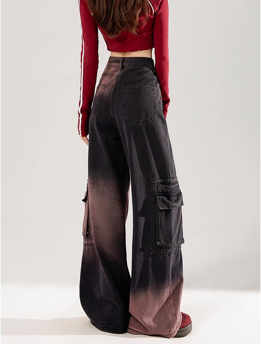 Fashion Gothic Straight Jeans Casual Tie-Dye Patchwork Multipocket High Waisted Baggy Y2K Denim Pants - Image 5