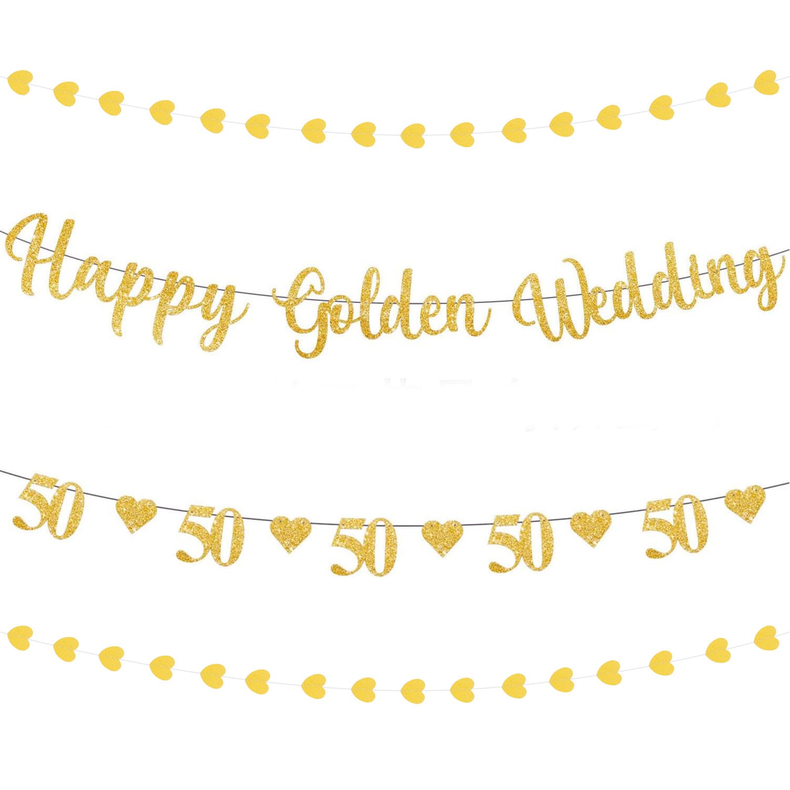 50th Golden Wedding Anniversary Banner, Set of 2 50th Happy Golden Wedding Bunting Banner with 2 Pcs Gold Heart Streamer Garland Decor, 50 Gold Weddings Anniversary Decorations for Party Supplies