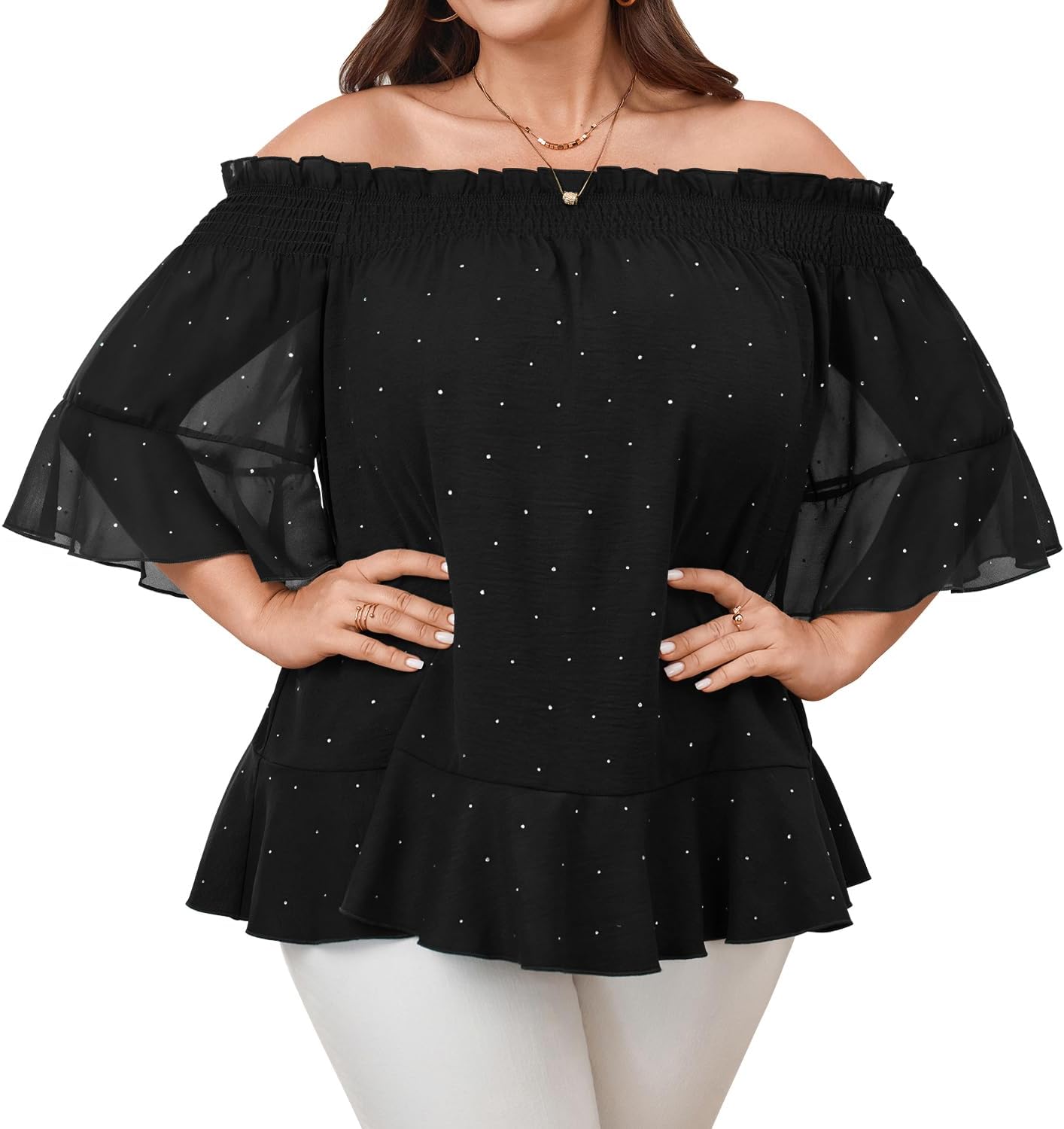 SCOMCHIC Women's Plus Size Off The Shoulder Tops Half Sleeve Chiffon Blouse Ruffle Cocktail Party Evening Shirts