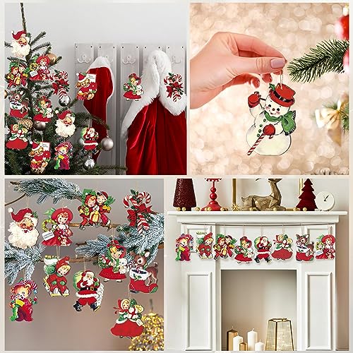 Image of 24 Pcs Christmas Wood Hanging Ornaments Vintage Christmas Decorations for Tree Xmas Santa Claus Bell Candy Cane Wood Cutout Winter Hanging Tag Sign for Xmas Tree Party Holiday