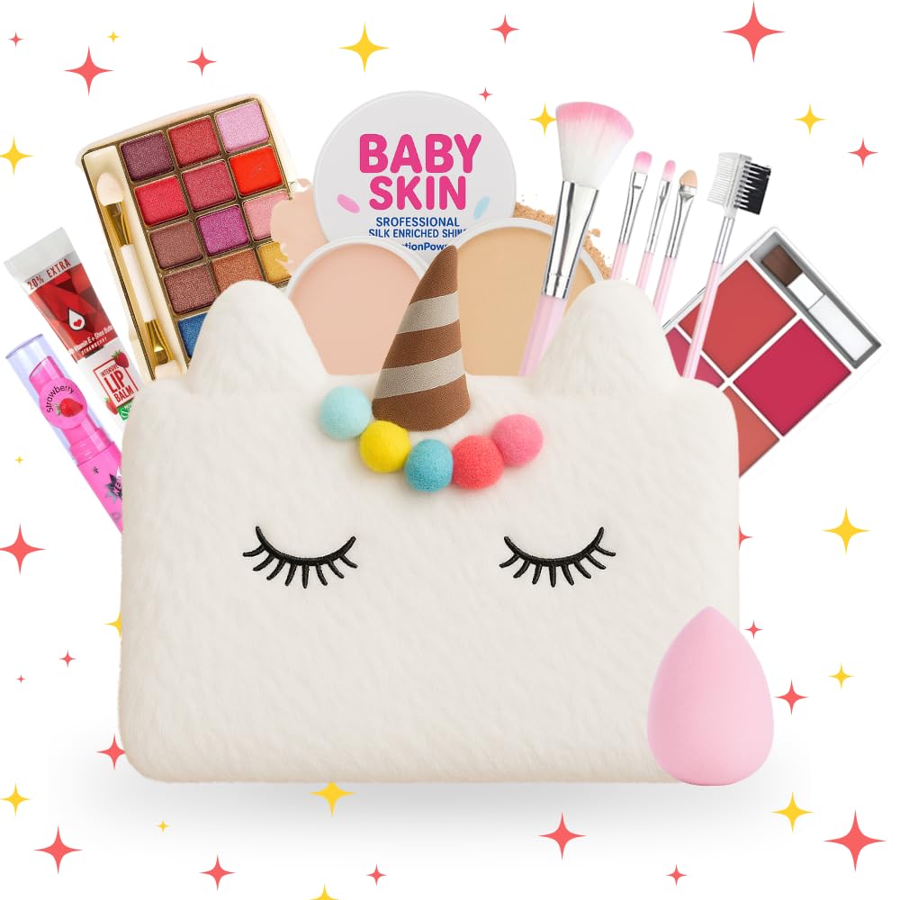 Real Makeup Kit for Girls & Teens – 16 PCS Safe & Washable Beauty Set with Unicorn White Fur Bag – Non-Toxic Cosmetics for Ages 7–16 – Gift Set with Brushes, Lip Gloss, Blush & More-picture-45