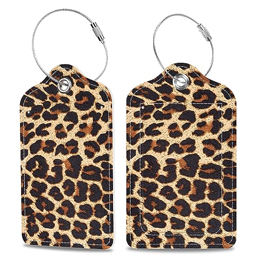 2 Stück Gepäckanhänger Braun Leopard Textur Leder Kofferanhänger mit Sichtschutz, Edelstahlschlaufe und Adresskarte für Damen Herren Reisen