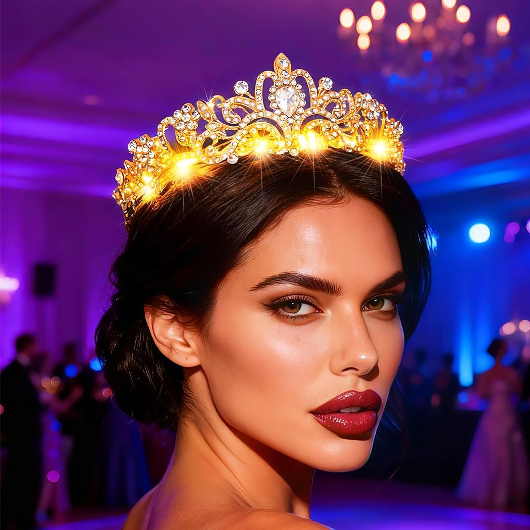Urieo Light up Crystal Crowns LED Rhinestones Tiara Headband Glowing Princess Hair Accessories for Women - Image 2