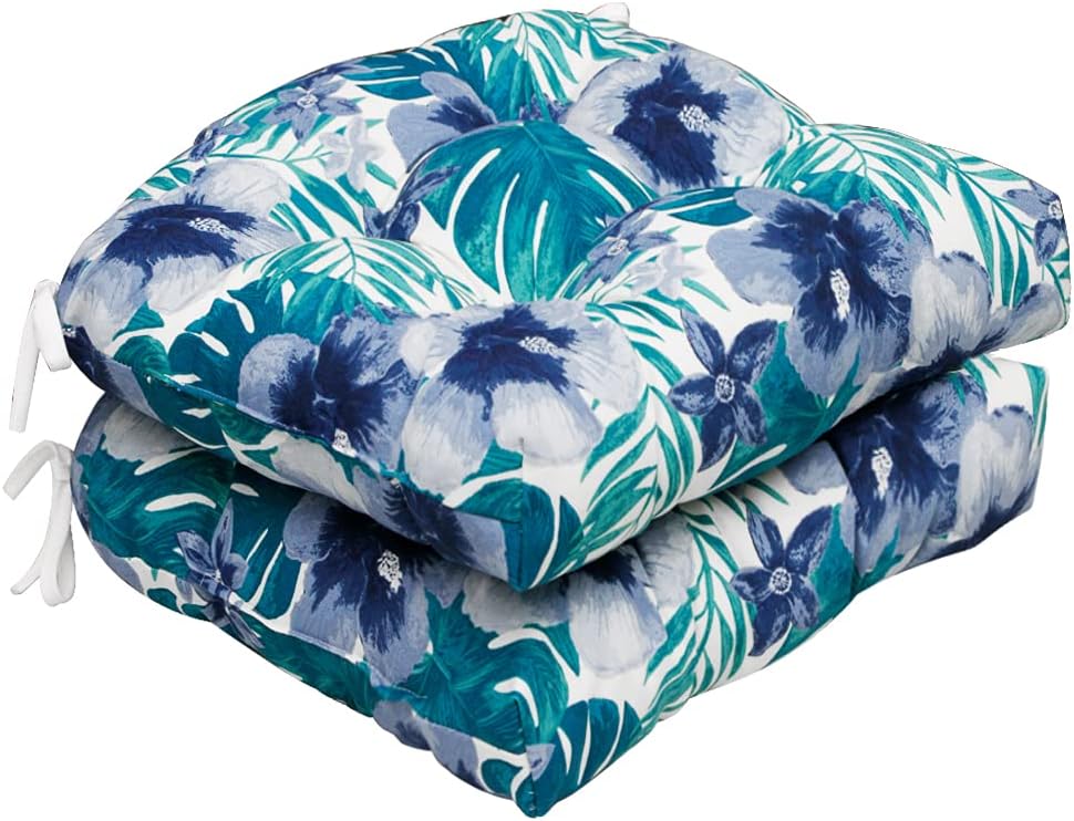 Set of 2 Indoor Outdoor Chair Cushions for Patio, Seat Pads with Ties, U-Shape Seat Pads for Garden 19" x 19" (19'' x 19'', Blue Flowers)