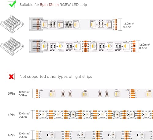 Miniatura 6 de SEZO Kit de conectores de tira de luz LED RGBW 5050 de 5 pines de 0.47 pulgadas de ancho, 8 conectores transparentes sin cable a tira + 4 conectores