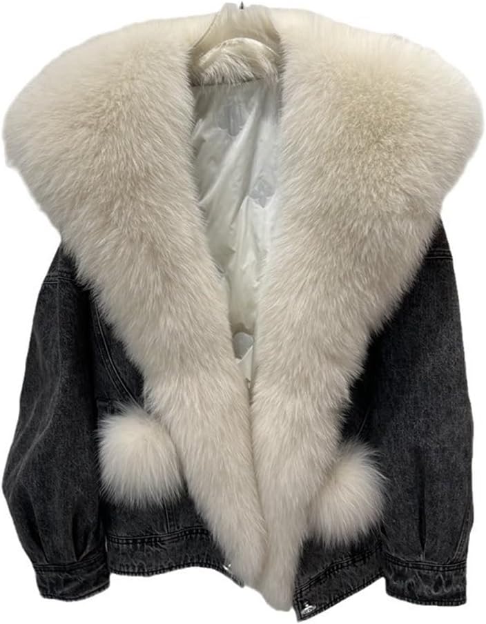 Winter Goose Down Jacket Liner Parka Women Young Models Hair Collar Splicing Denim