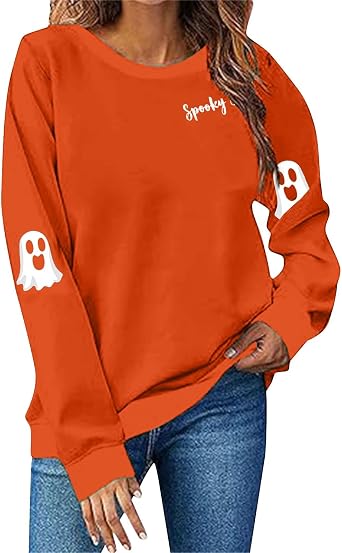 Ghost Sweatshirt for Women Halloween Sweater Funny Spooky Coffee Graphic Pullover Crewneck Long Sleeve Tops