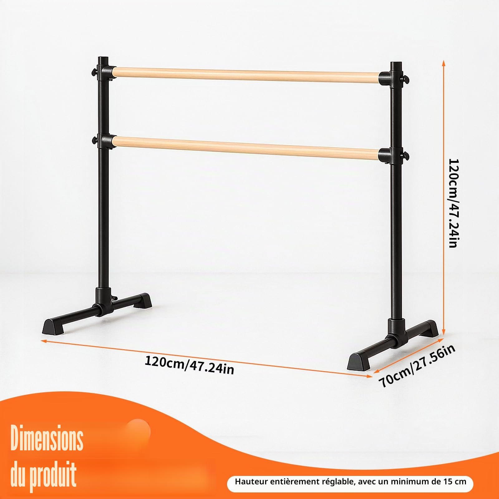 Double barre de ballet autoportante – Barre de ballet réglable en hauteur, barre de danse portable avec pieds antidérapants pour filles, enfants, adultes, fitness, yoga, entraînement à