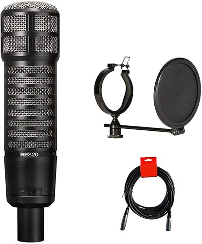 Electro-Voice Paquete de micrófono vocal e instrumento dinámico variable D RE320 con filtro pop de dirección frontal y cable XLR-XLR