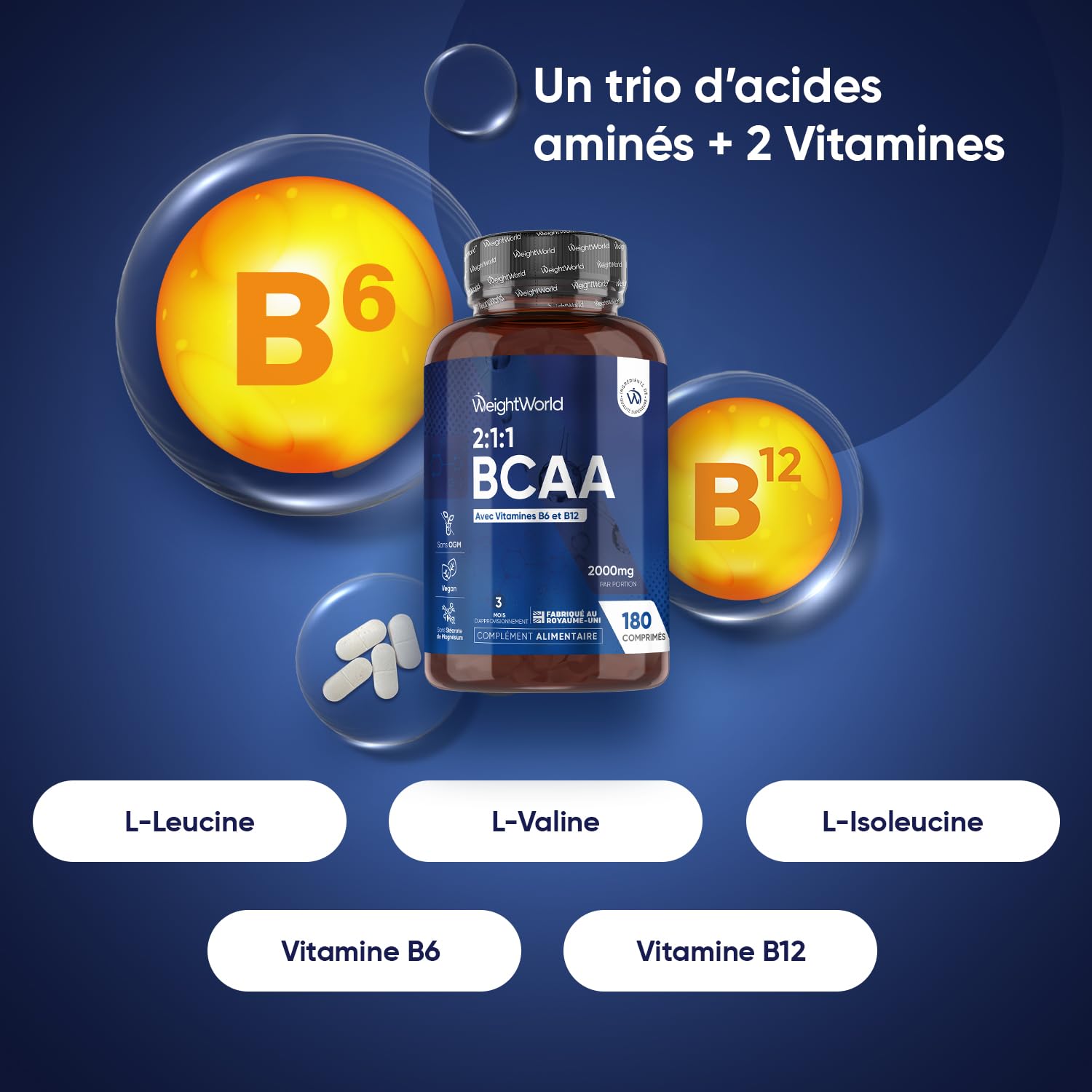 BCAA Comprimés 2:1:1 Vegan 2000mg, avec Vitamine B6 et B12 – 3 Mois de Stock – Seulement 2 Comprimés Sécables par Jour, Acides Aminés 180 Tablets – sans Arôme, sans Aspartame ni Sucre, sans OGM