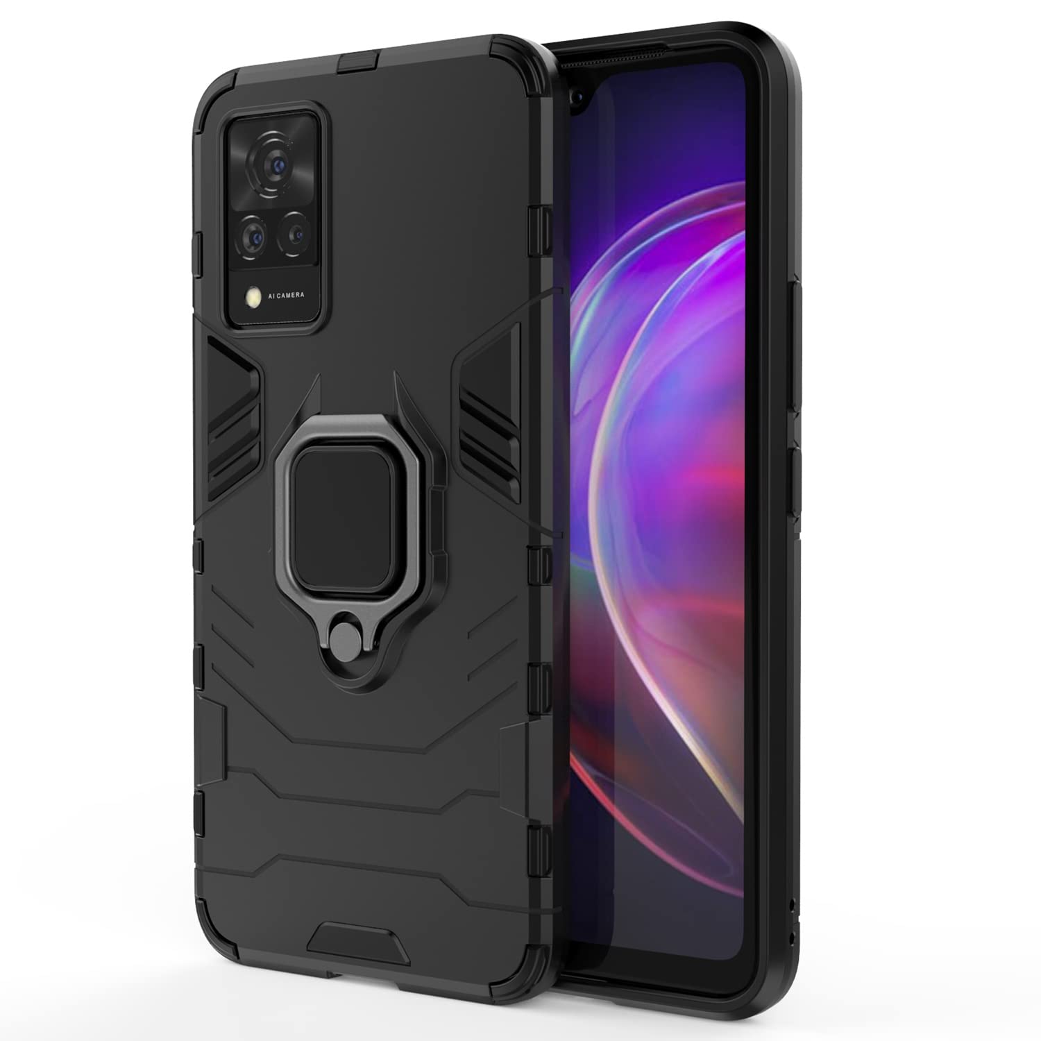 MOONCASE case for Vivo V21 5G, Dual Layer Hybrid Shockproof Protective Case with Ring Stand & Magnetic Car Mount Function Back Cover for Vivo V21 5G 6.44"Black