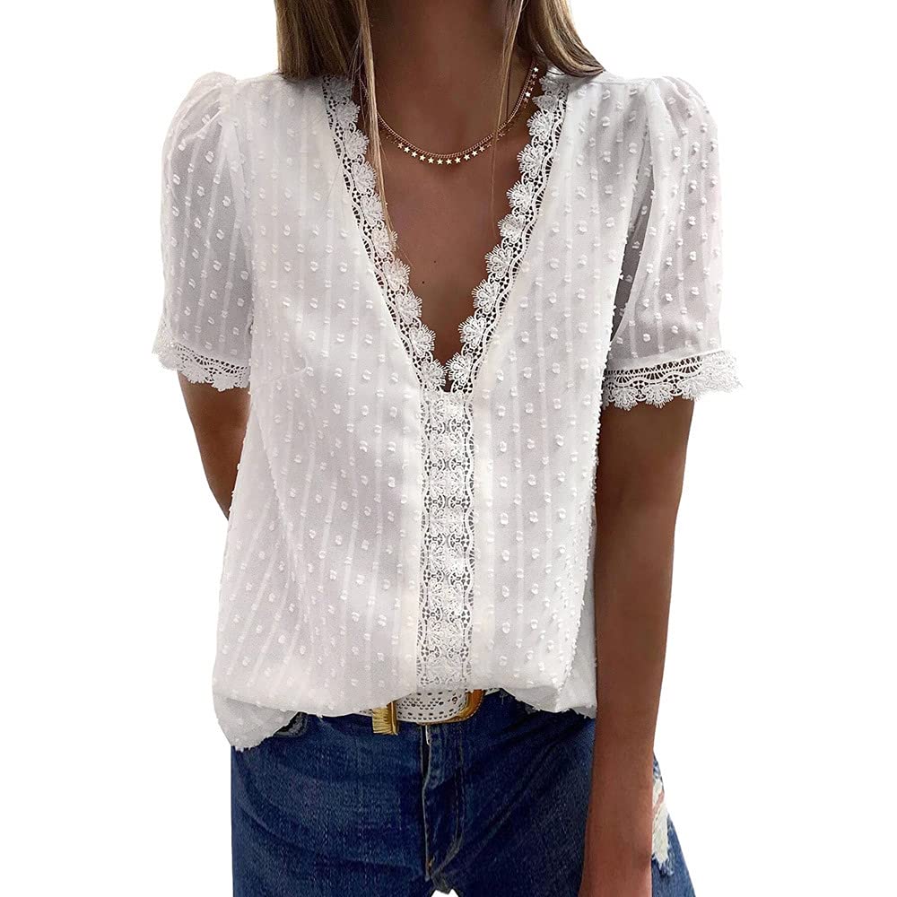 Bipily Camiseta para Mujer Blusa de Encaje con Cuello en V de Gasa Manga Corta Elegante y Básica Color Sólido Tops
